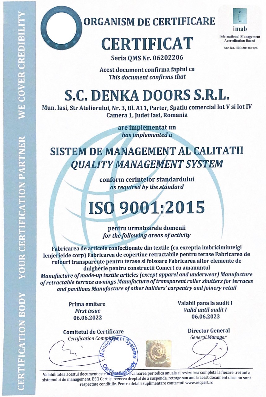 Denka Doors Certificat ISO 9001 2015
